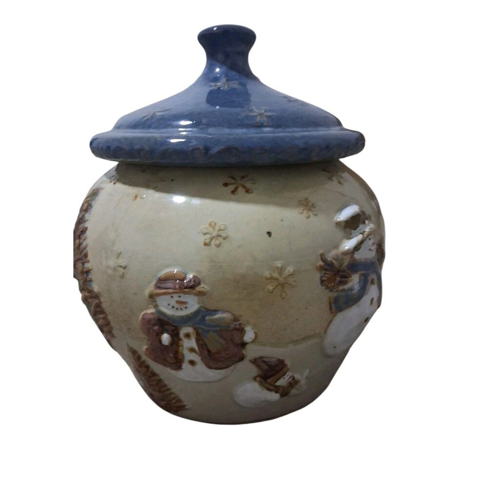 Nicholas Square Cookie Jar with Snowmen and Christmas trees 10" tall 8" wide.